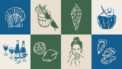 Dolce Vita sketch style vector illustration collection. Travel doodles. Art for postcards, print posters, packaging design.