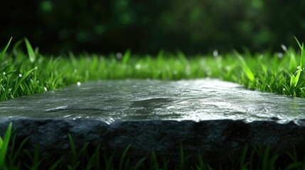 Fototapeta premium Flat gray stone slab on green grass, bathed in sunlight