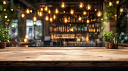 Cozy Cafe with Hanging Lights and Wooden Table