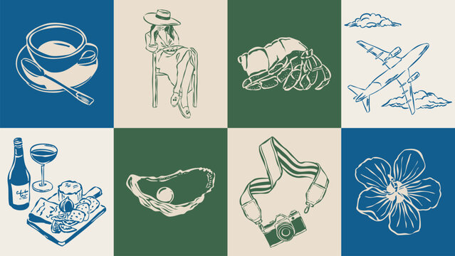 Dolce Vita sketch style vector illustration collection. Travel doodles. Art for postcards, print posters, packaging design.