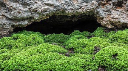 Lush green moss thrives at the base of a dark, rocky alcove