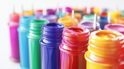 Row Of Messy Colorful Paint Brushes And Containers On Isolated White Background