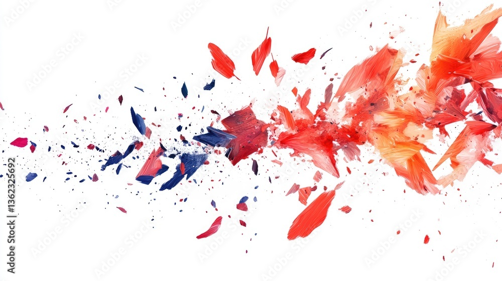 Poster abstract explosion of vibrant red and blue colors creating dynamic artistic visual on a white backgr