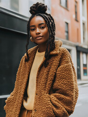 Stylish Woman with Locs and Teddy Coat