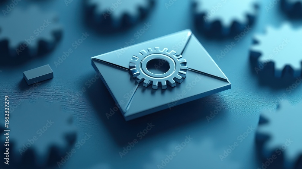 Poster digital envelope and gear icon on a blue background for email automation concepts.