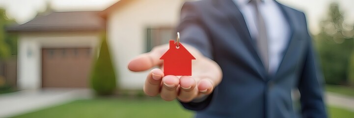 Close Up of Real Estate Agent Holding Red House Keychain, Focus on Hand and Keys, Blurred New Home Background