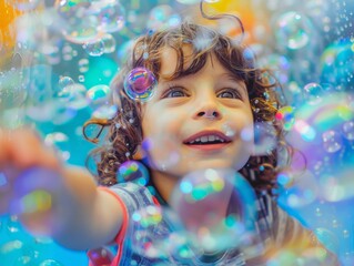 Photo of a happy child at a foam disco in soap bubbles in closes. A children's show on resort, animation program in hotel.