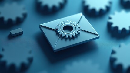 Digital envelope and gear icon on a blue background for email automation concepts.