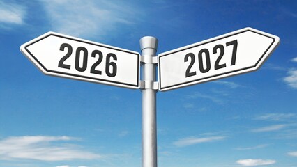 Obraz premium Future Direction Concept – Crossed Street Signs Pointing to 2026 and 2027