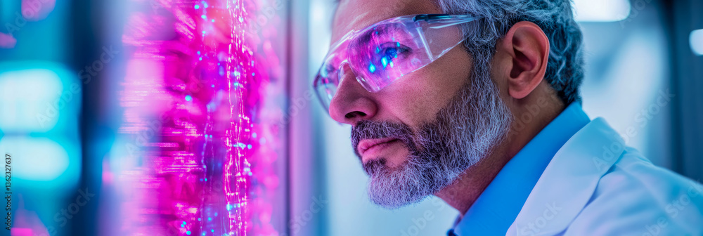 Poster futuristic lab: scientist's intense data analysis with advanced glasses for tech innovation