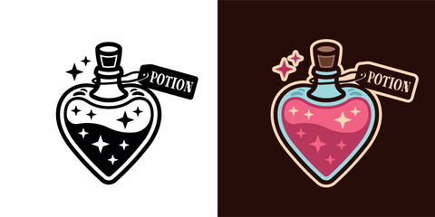 Love potion heart bottle vector illustration in two styles, black and colored. Magical elixir in a glass bottle with romantic and mystical vibes. Perfect for fantasy, alchemy, and other designs