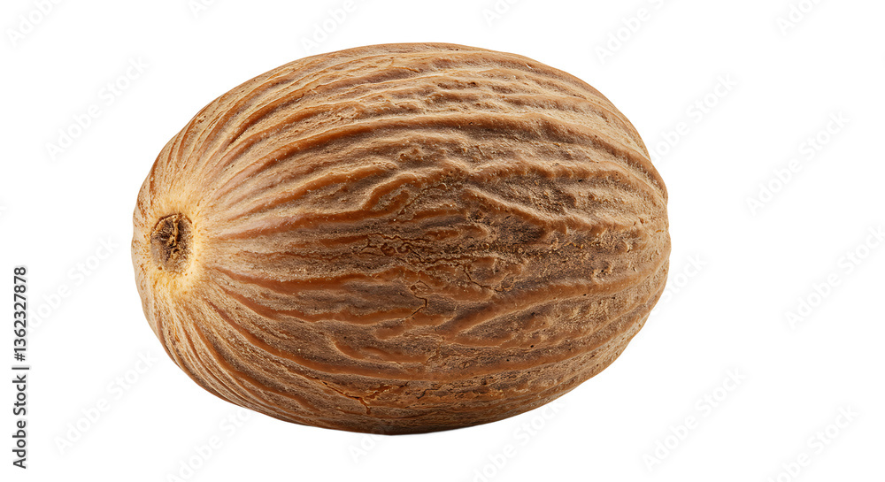 Poster a single nutmeg seed showing its texture and color against a dark background in a studio shot