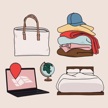 Stylized Travel Bag with Accessories Icon Set Illustration
