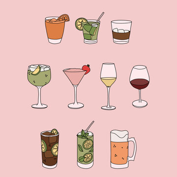 Isolated Minimalist Colorful Exotic Fruit Cocktail Drinks. Collection of Hand-drawn Doodle Style Beverage Icon Set on Pink Background