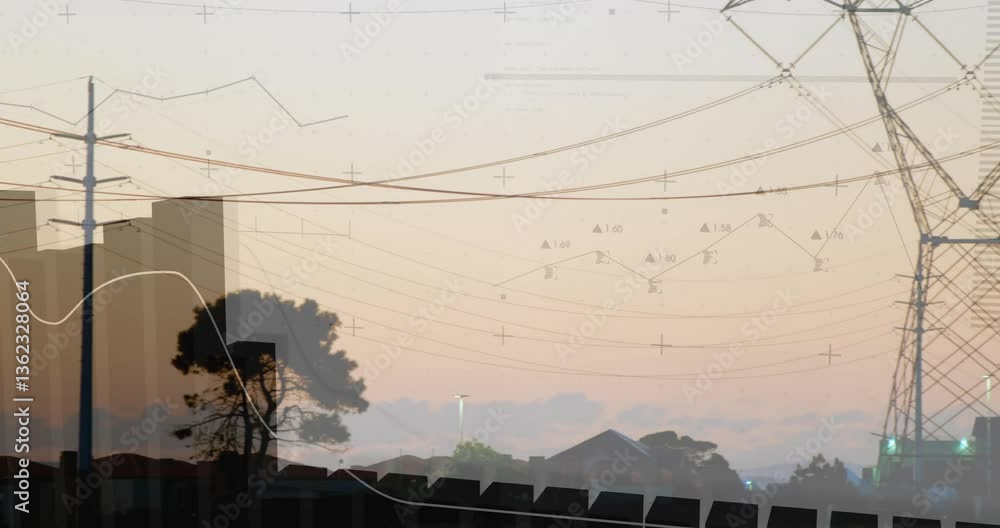 Poster power lines and pylons with data processing animation over urban landscape at dusk