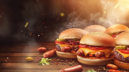 smoked meat burgers and hot dogs. with copy space image. Place for adding text or design illustration