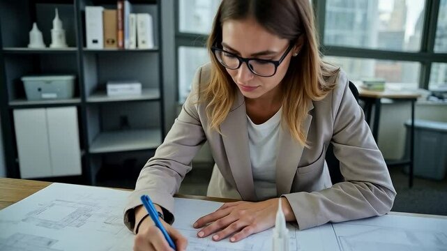 Arquitecta dibujando planos de rascacielos en oficina moderna
