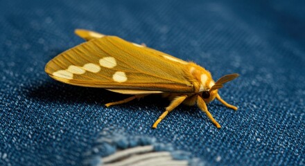 Close-up of a vibrant orange moth resting on denim fabric, showcasing intricate wing patterns - large yellow underwing noctua pronuba