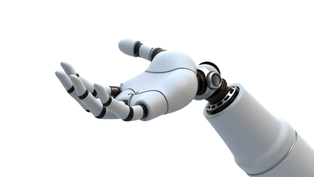 Futuristic Robotic Hand Isolated Transparent Background, PNG for AI, Cybernetics, Automation, Sci-Fi, and Advanced Technology Designs - Powered by Adobe