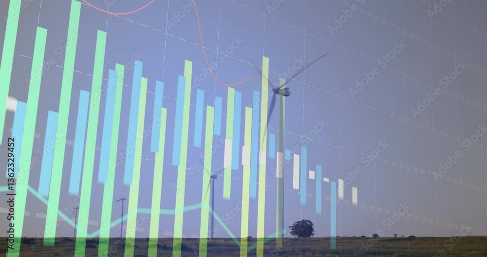 Poster wind turbines in landscape with financial data processing animation overlay