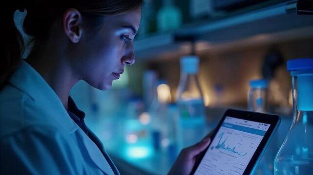 Cient&iacute;fica analizando datos en tableta dentro de laboratorio moderno