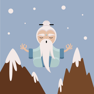 Vector Illustration of a Wise Calm White Hair Bearded Man Wearing a Kimono Practicing Yoga Meditation on a Snowy Mountain Landscape Against Icy Blue Background