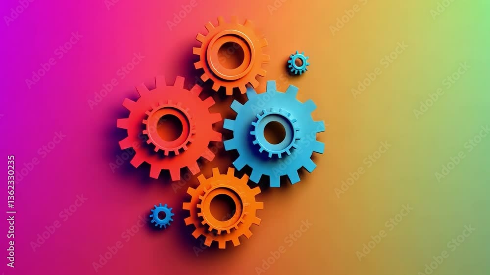 Poster colorful gears in dynamic gradient visual journey of teamwork, innovation, and engineering design in