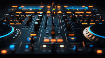 sleek, dark themed DJ console with glowing buttons and knobs, creating vibrant and energetic atmosphere. lighting highlights intricate details of equipment
