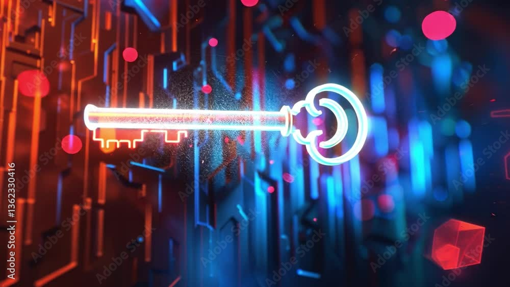 Poster glowing key vibrant symbol of access and security in digital technology with colorful abstract patte