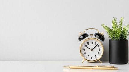 Vintage alarm clock with a pen on a modern desk, neutral background providing space for text or branding.