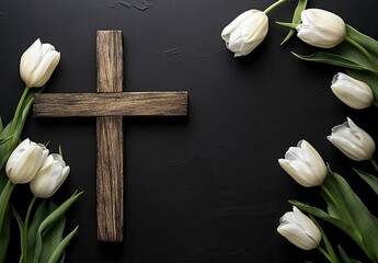 Wooden Cross Surrounded by White Tulips on Black Background for Remembrance