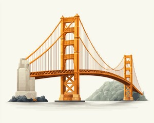 Fototapeta premium Illustration of a golden bridge spanning a river with mountains in the background