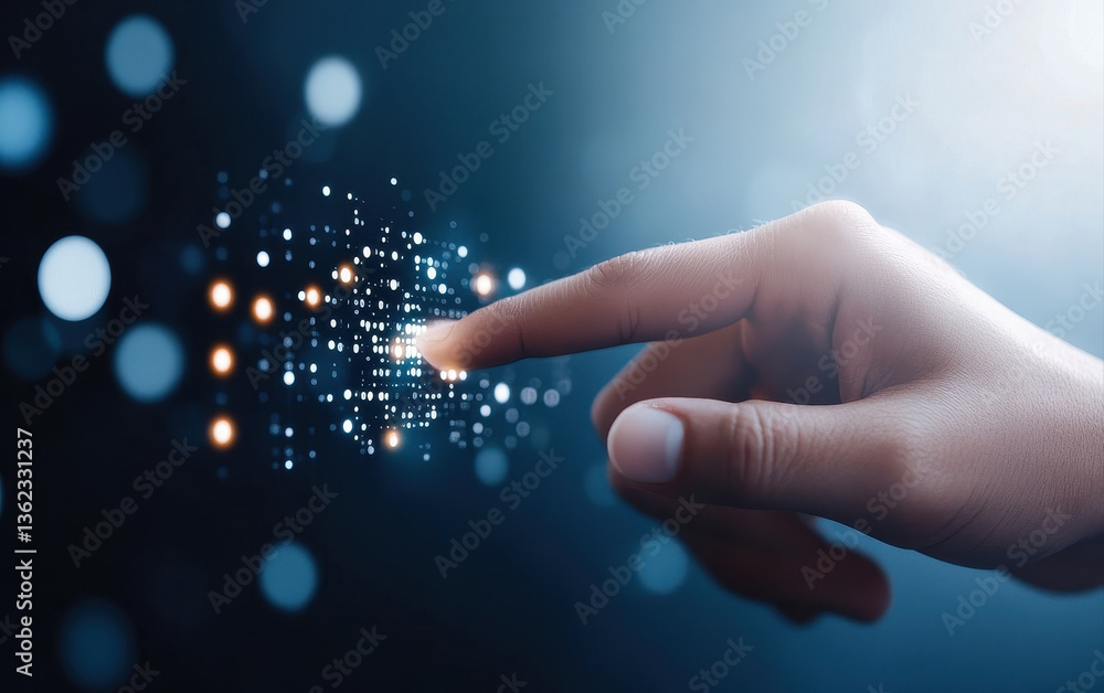 Aufkleber hand reaches out to touch digital interface filled with glowing data points, symbolizing connection 