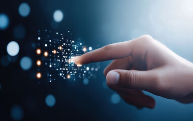 hand reaches out to touch digital interface filled with glowing data points, symbolizing connection between technology and human interaction. This evokes sense of curiosity and innovation