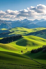 mountains and valleys with green grass and trees in the foreground