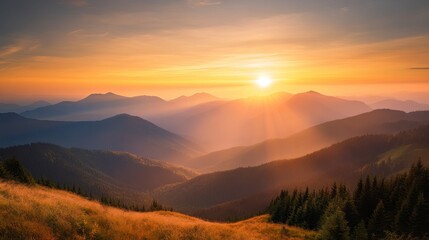 Fototapeta premium Golden Hour Vista: A breathtaking landscape unfolds as the sun casts its golden rays over a majestic mountain range, creating a stunning panorama of light and shadow.