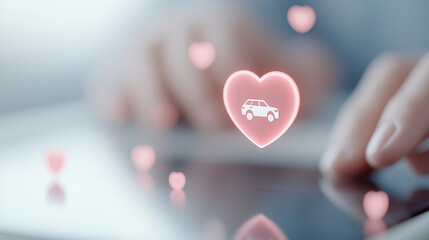 depicts person interacting with digital device, with floating heart icons and car symbolizing affection for vehicles. This visual represents emotional connection people have with their cars