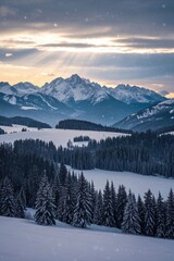 Obraz premium snowy mountains and trees in the distance with a snow covered field