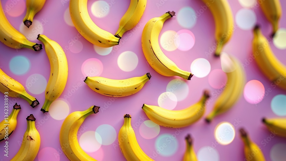 Aufkleber bright yellow bananas arranged on a pink background with colorful bokeh lights creating a cheerful, 