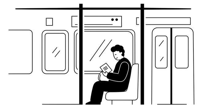 Mindful Commuting Silhouette Vector - Reading on Public Transport with White Background
