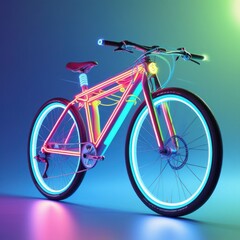Fototapeta premium Image is a digital artwork featuring a futuristic, neon-style bicycle set against a blue and green background