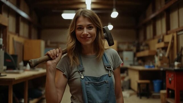 Mujer carpintera sosteniendo un martillo en su taller de trabajo