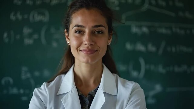 Cient&iacute;fica frente a pizarra con f&oacute;rmulas matem&aacute;ticas