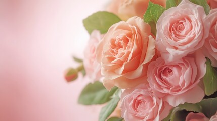 Naklejka premium Elegant Bouquet: A close-up showcases a captivating bouquet of softly hued roses, emanating a feeling of peace and romance, against a gentle, blurred background.
