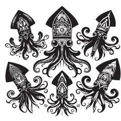 Black Color Squid Silhouette Vector Illustration, Solid White Background