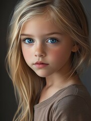 Naklejka premium A portrait of a young girl with blonde hair and blue eyes, looking directly at the camera. She is wearing a brown shirt and has a serious expression on her face. She represents innocence, childhood,