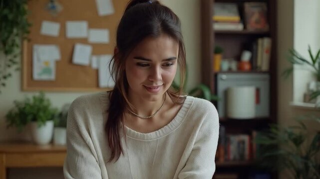 Escritora trabajando en casa rodeada de libros y plantas