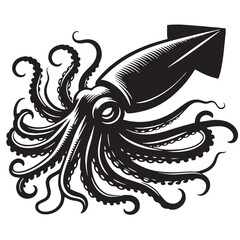 Black Color Squid Silhouette Vector Illustration, Solid White Background