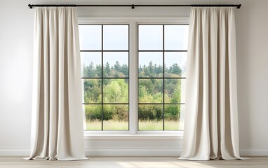 Fototapeta premium Elegant Beige Linen Curtains Draped Over Window with Forest View