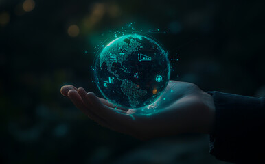 Businessman's hand holding an earth globe with energy and environment icons on a green nature background